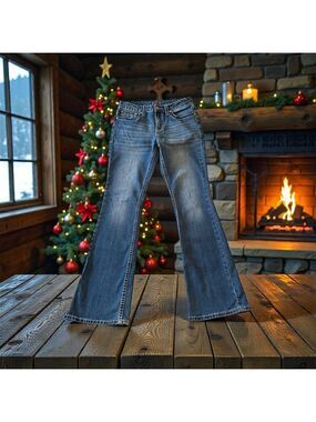 Shyanne Bootcut Jeans Womens 30 R BLUE Bling Embroidered Pockets Distressed Hem
